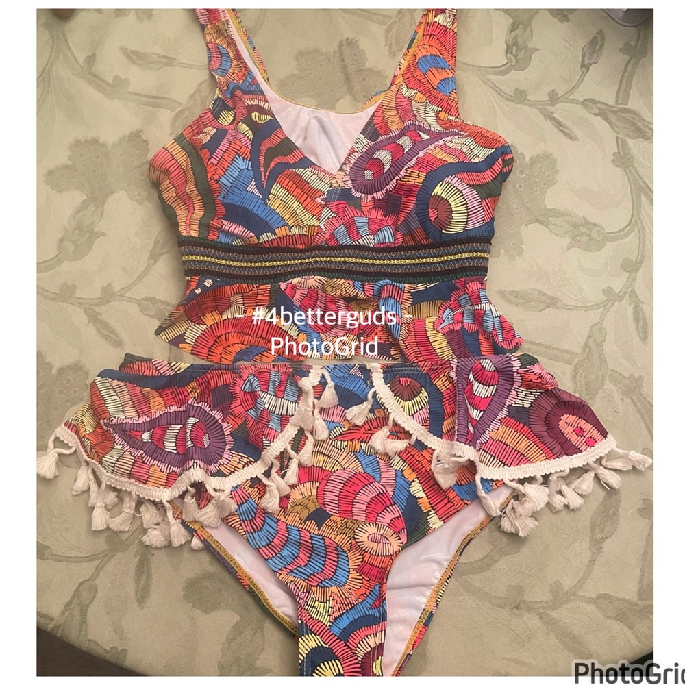 New Tankini Ruffle Colorful Abstract Graphic Boho Print Tassel Swimsuit Medium - Picture 8 of 16